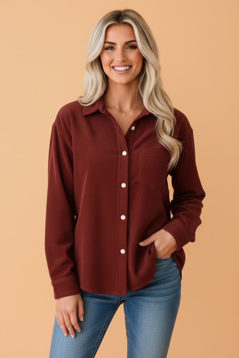 Clay corduroy long-sleeve button-up shirt with chest pocket, front button placket.