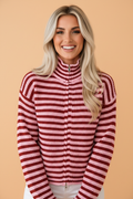 Red and white striped knit cardigan with mock neck, zip front, drop-shoulder sleeves
