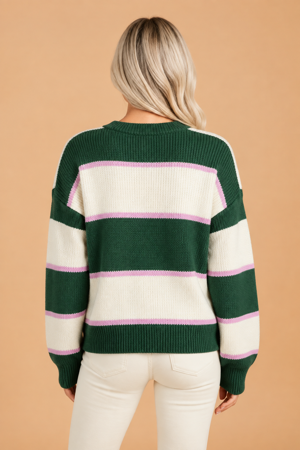 Back view loose drop-shoulder sweater, dark green with cream and pink stripe blocks