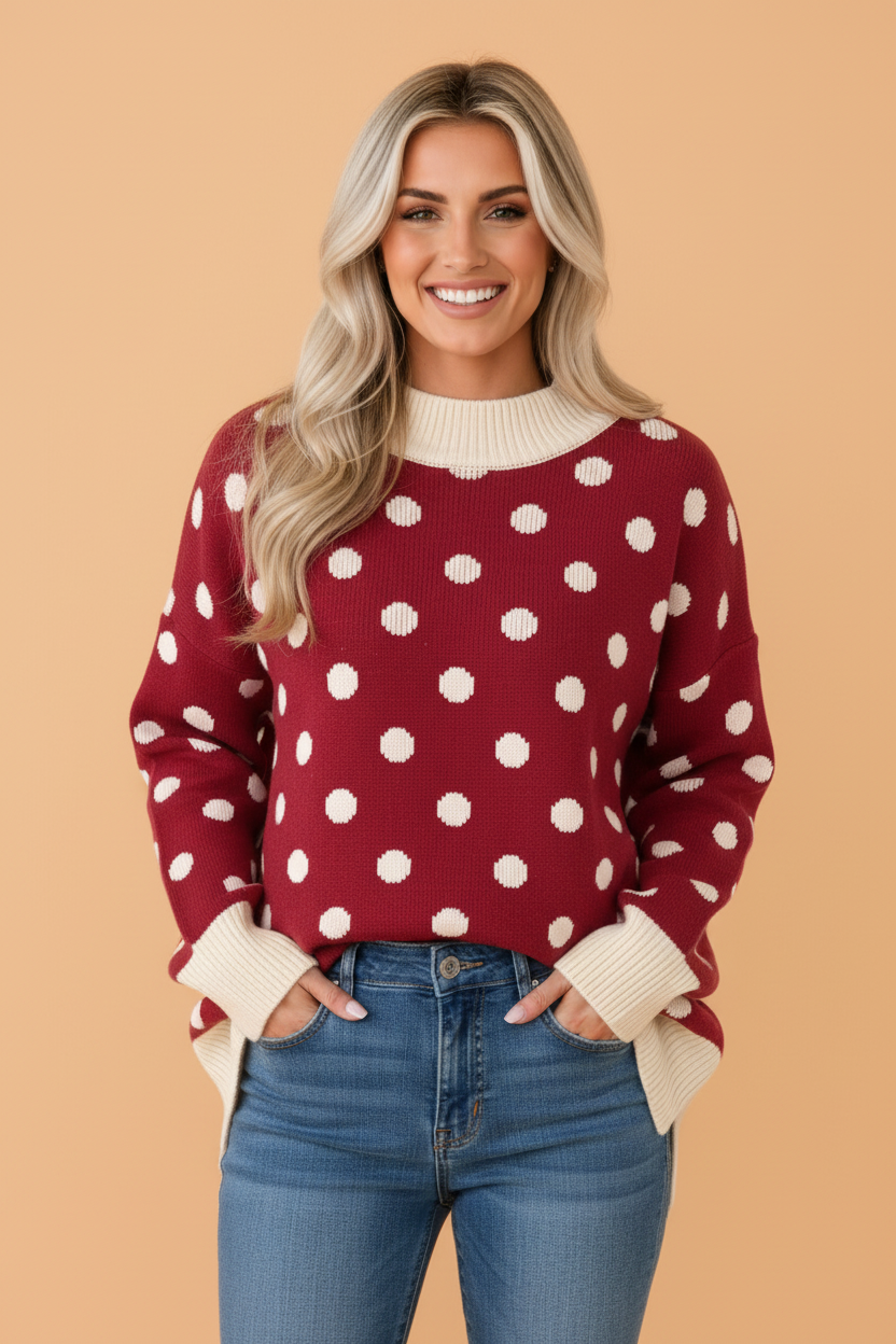 Red polka-dot ribbed trim tunic sweater with round neckline