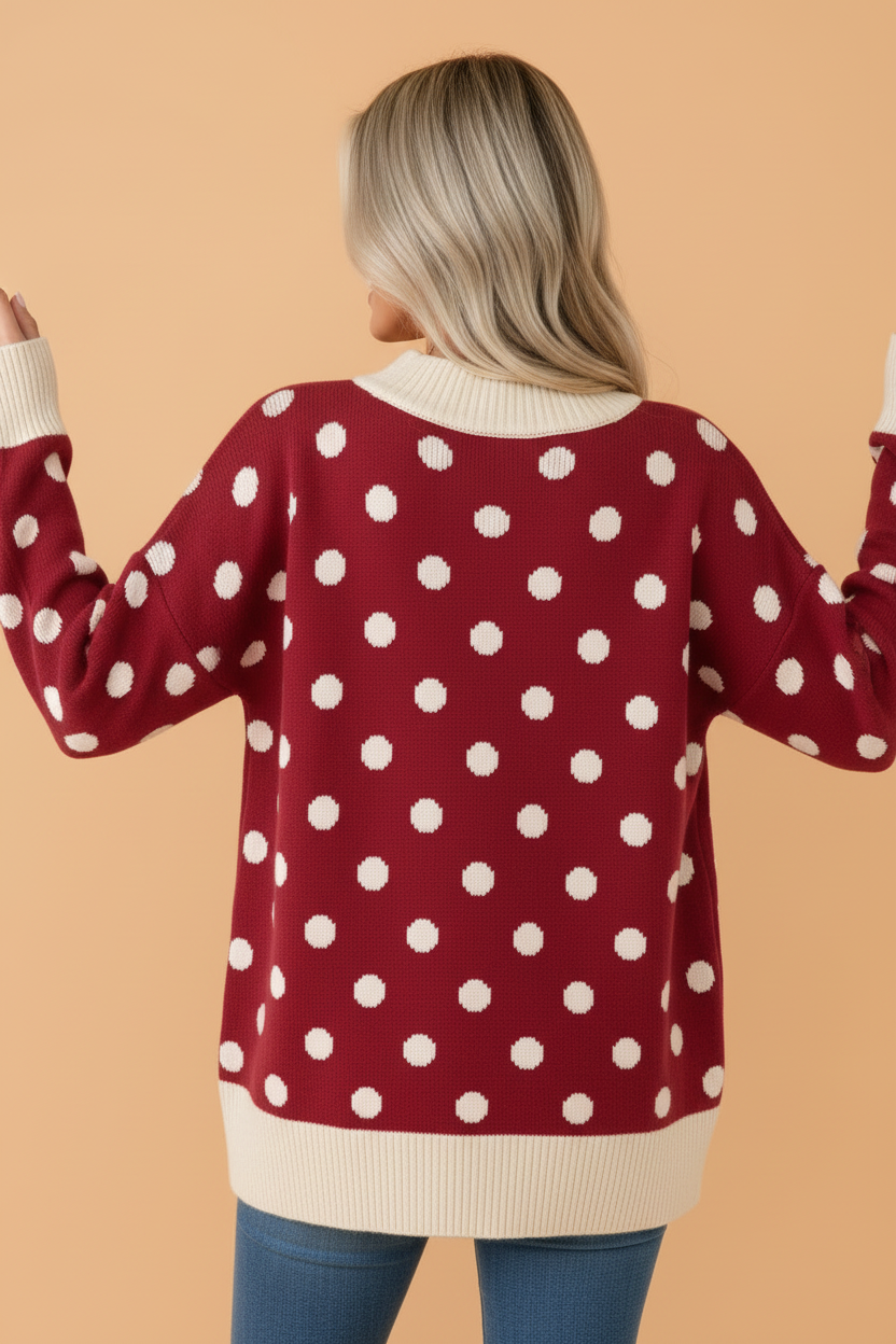 Red polka-dot tunic sweater back view with ribbed cuffs and hem