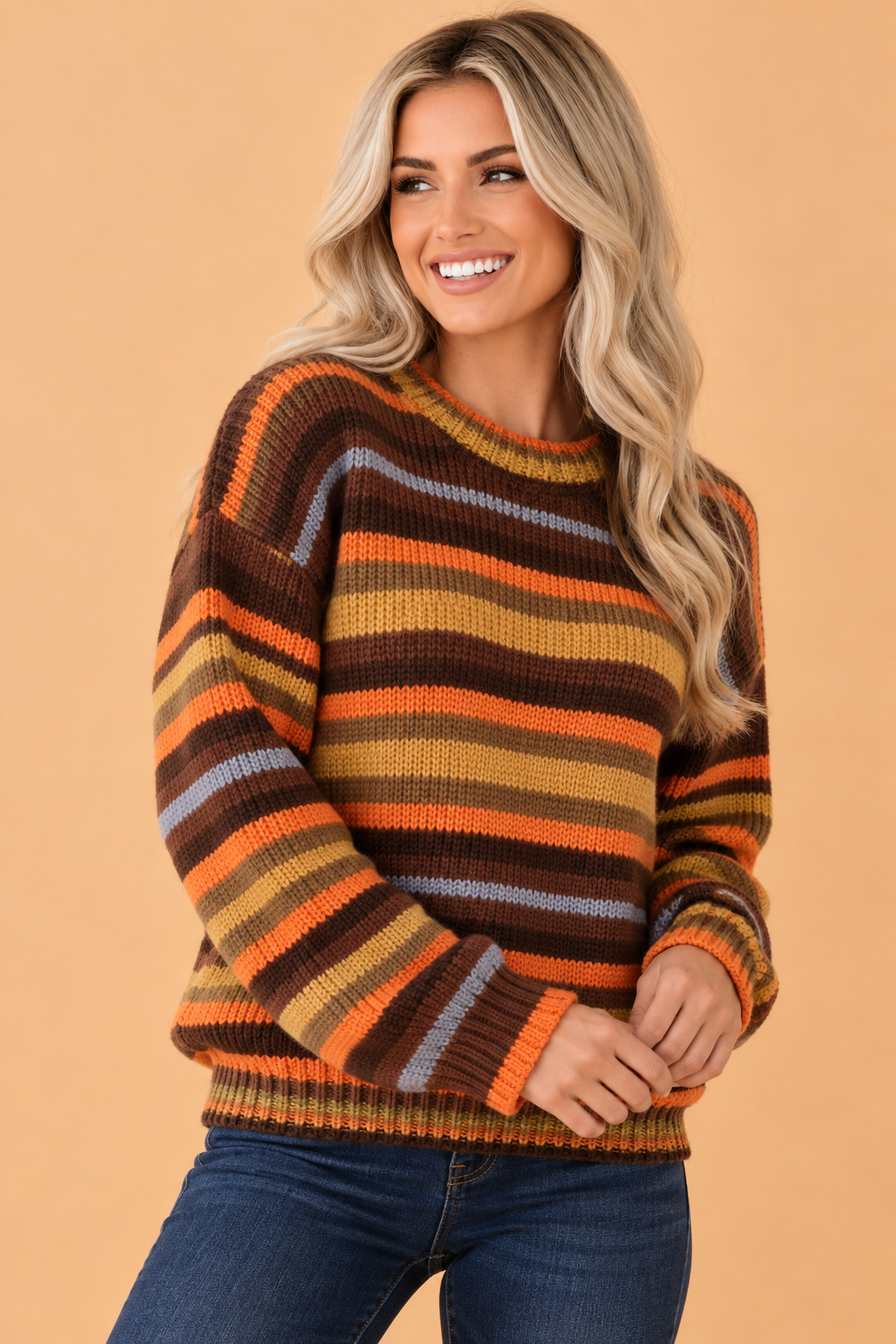 Coffee striped knit sweater with round neck and drop-shoulder sleeves