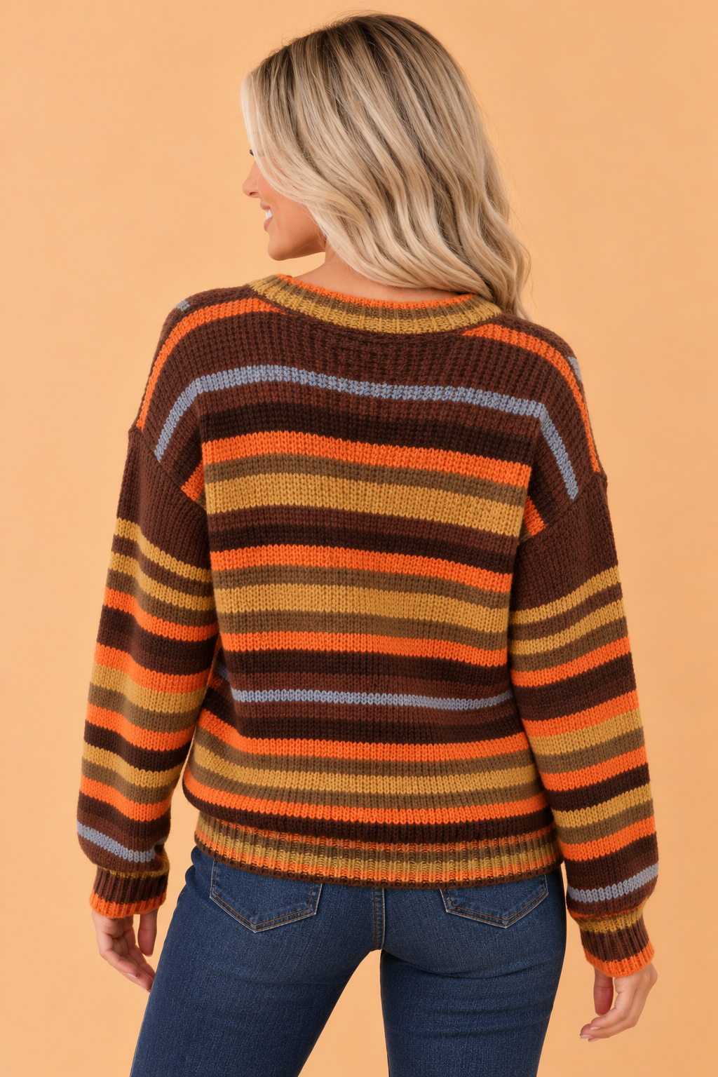 Back view of coffee striped knit sweater with round neck and drop-shoulder sleeves