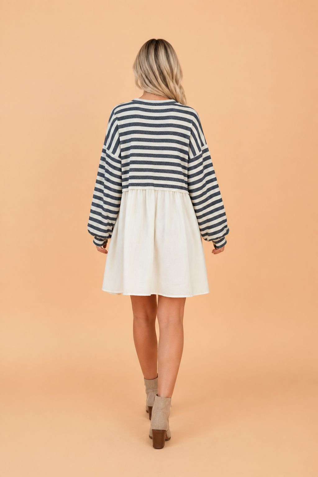 Back view pocketed long-sleeve mini dress with blue stripe bodice and white skirt