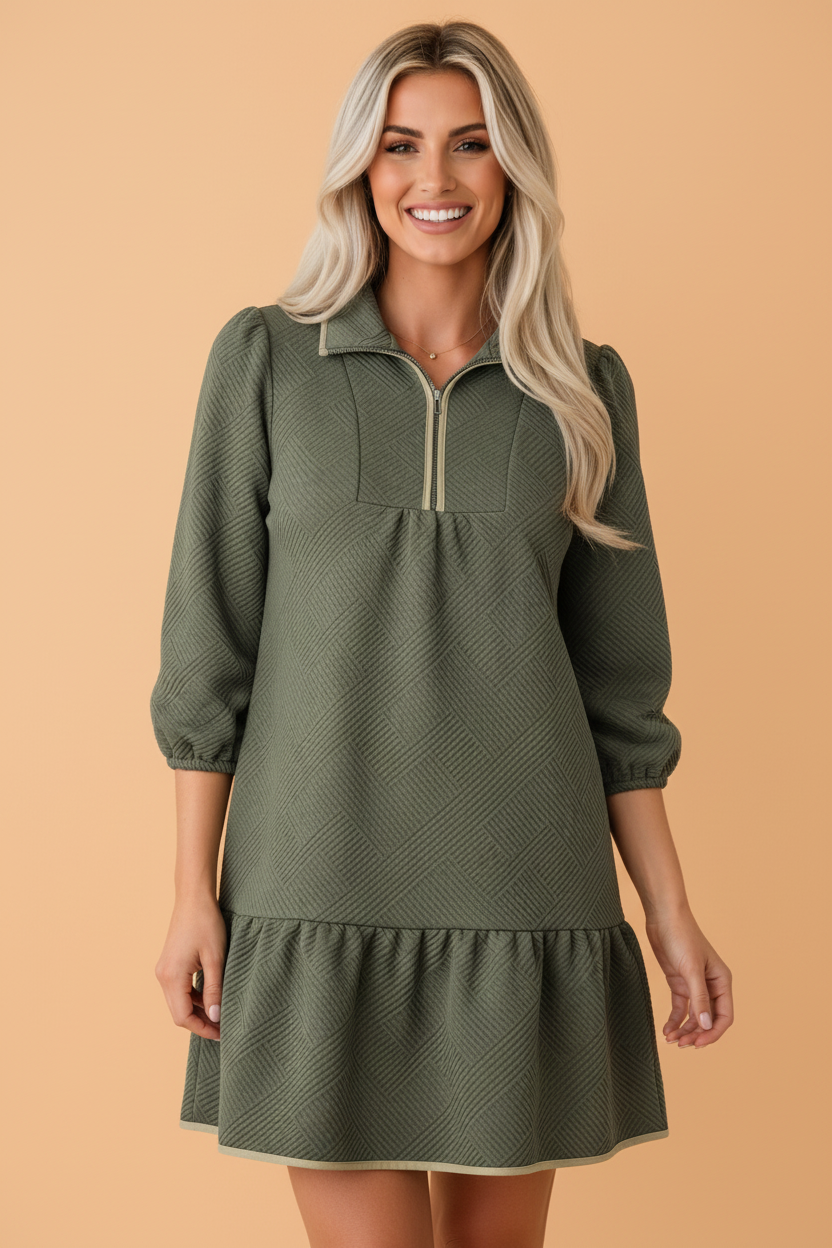 Jungle green textured mini dress with quarter-zip collar and 3/4 sleeves, tiered hem
