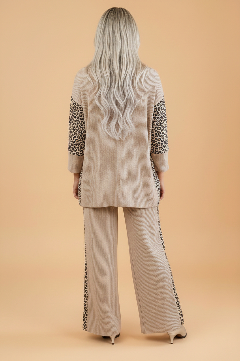 Beige corded knit top and wide-leg pants set with leopard patchwork sleeves
