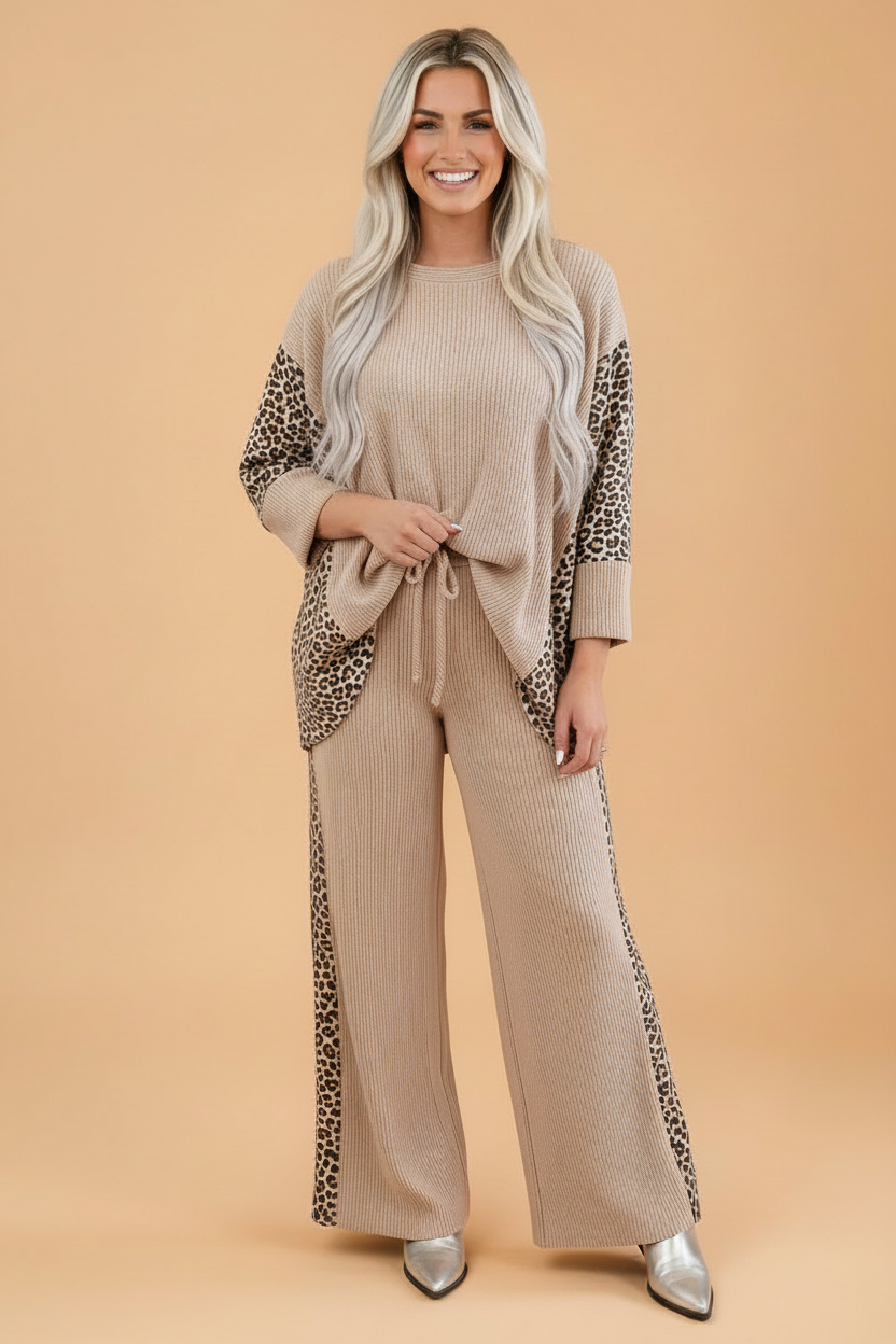 Beige corded knit top and wide-leg pants set with leopard patchwork side panels