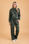 Camo side-stripe long-sleeve top and jogger pants set in dark green multicolor