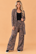 Zebra-corded knit longline cardigan with matching wide-leg pants set in khaki