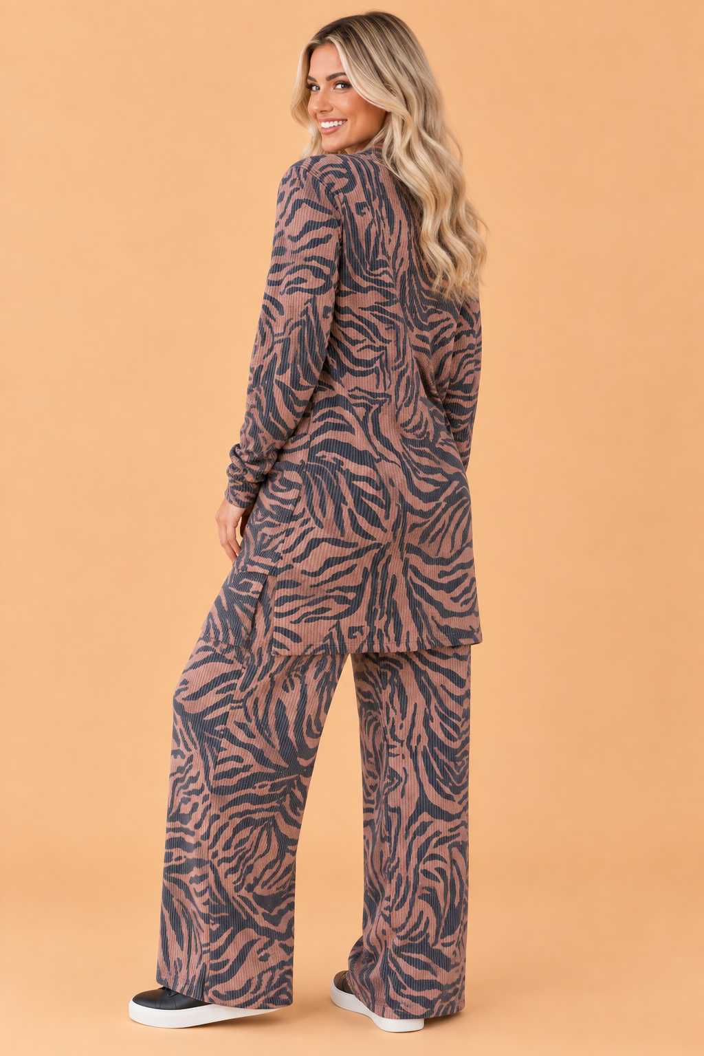 Zebra-corded knit longline cardigan and matching wide-leg pants set, khaki