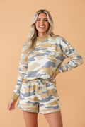 Camo mock-neck long sleeve top with matching drawstring shorts, multicolor