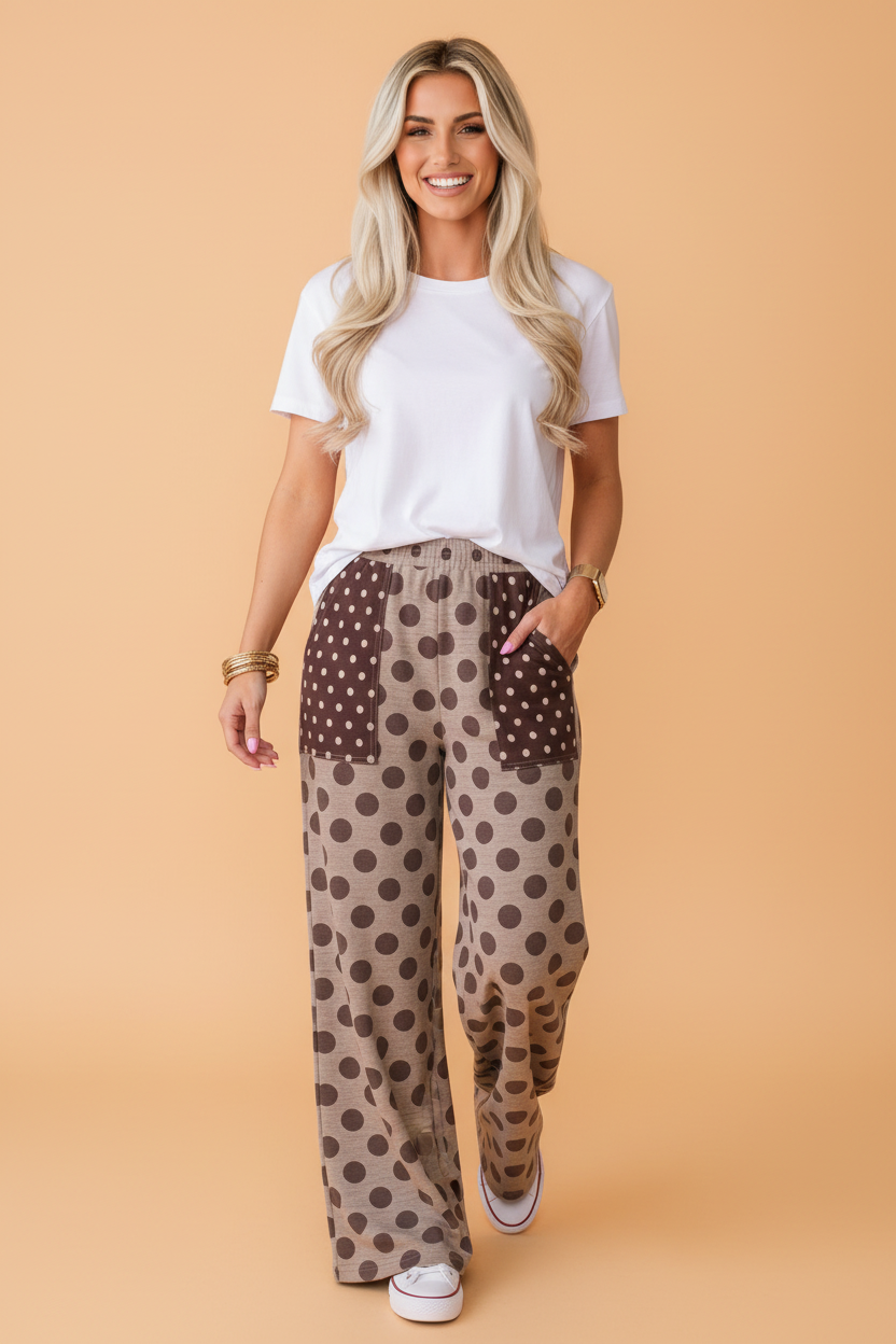 Brown polka dot contrast patch pocket elastic waist pants, wide-leg