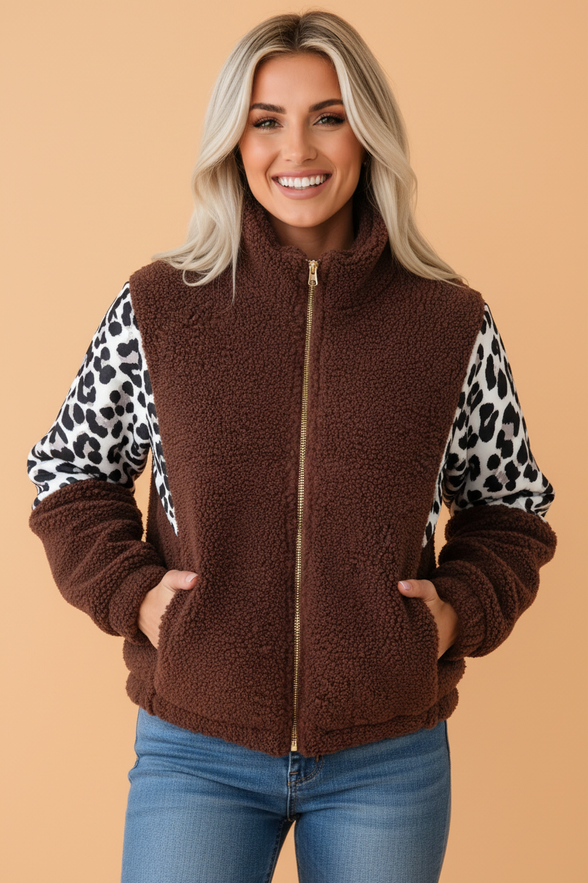 Brown fleece zip-up jacket with leopard-print sleeves and stand collar