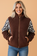 Brown fleece zip-up jacket with leopard-print sleeves and stand collar