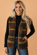 Multicolour western fleece zip-up sleeveless vest with front pockets and patterned yoke