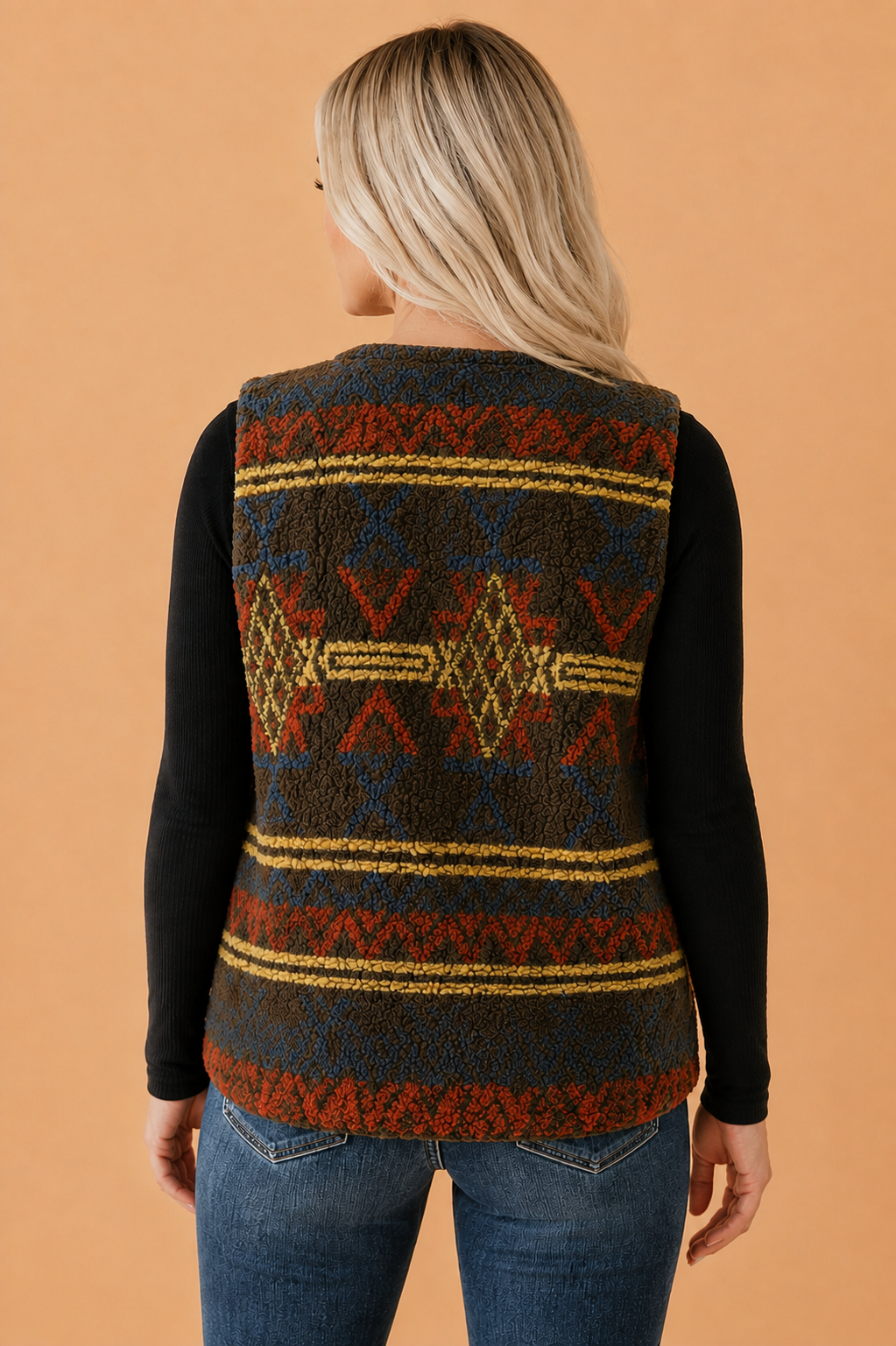Back view of multicolour western fleece zip-up sleeveless vest with patterned yoke