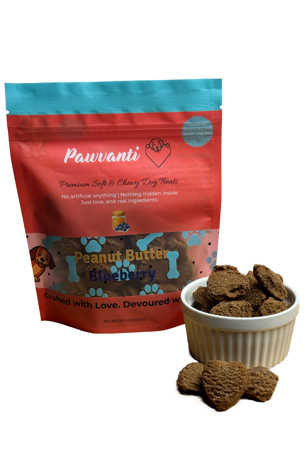 Red dog treat pouch with bowl of brown heart-shaped dog treats
