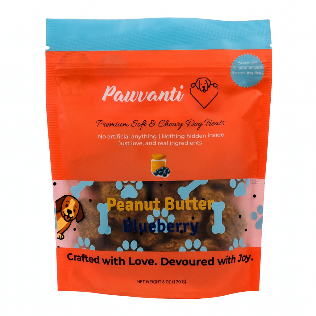 Red dog treat pouch with blue top, Peanut Butter Blueberry graphic and bone icons