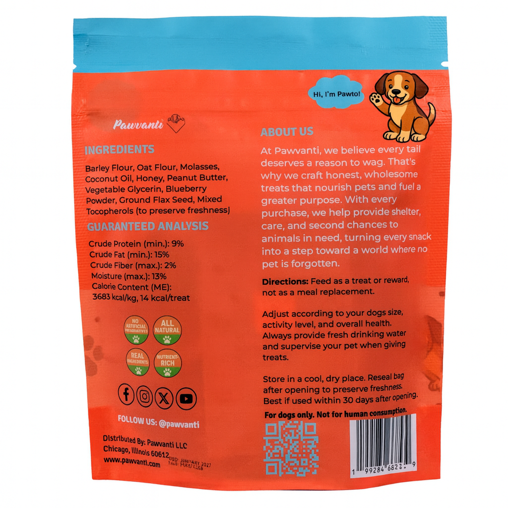 Red dog treat pouch back with ingredients panel, guaranteed analysis, and barcode