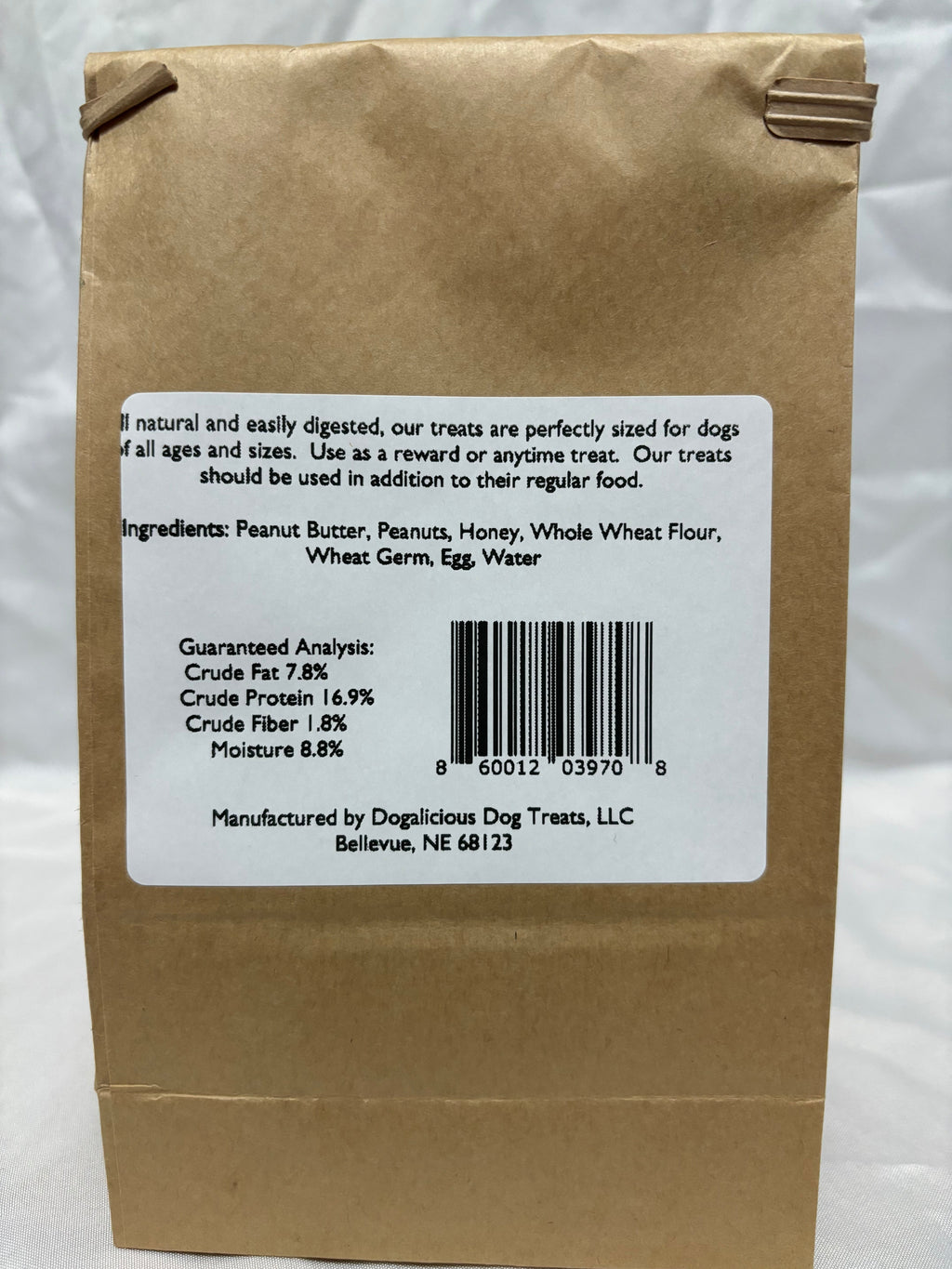Back label on the peanut butter and honey dog biscuit bag