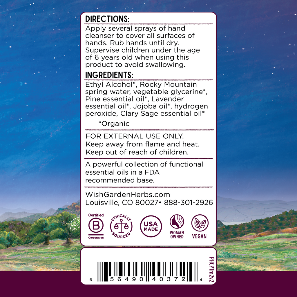 Hand purifier bottle label with directions, ingredients, and barcode