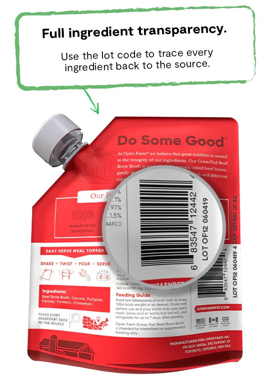 Dog & cat beef bone broth pouch back, ingredient transparency panel and barcode