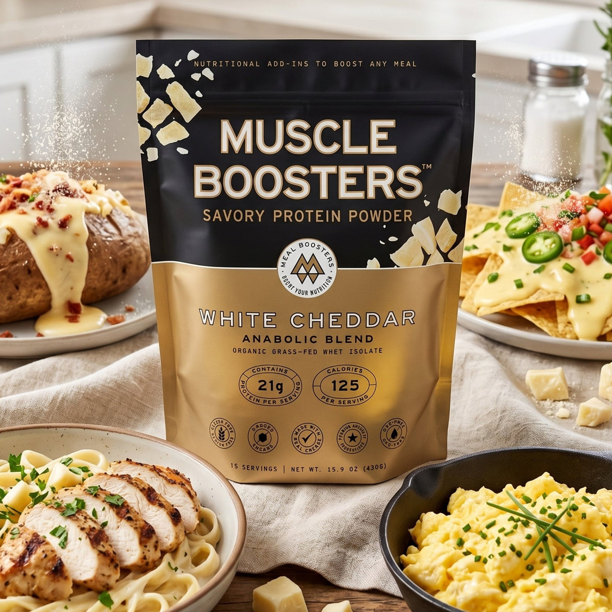 Protein powder pouch labeled White Cheddar anabolic blend