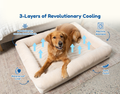 Cooling 4-bolster dog bed with light arctic sand cover and raised side cushions, with dog