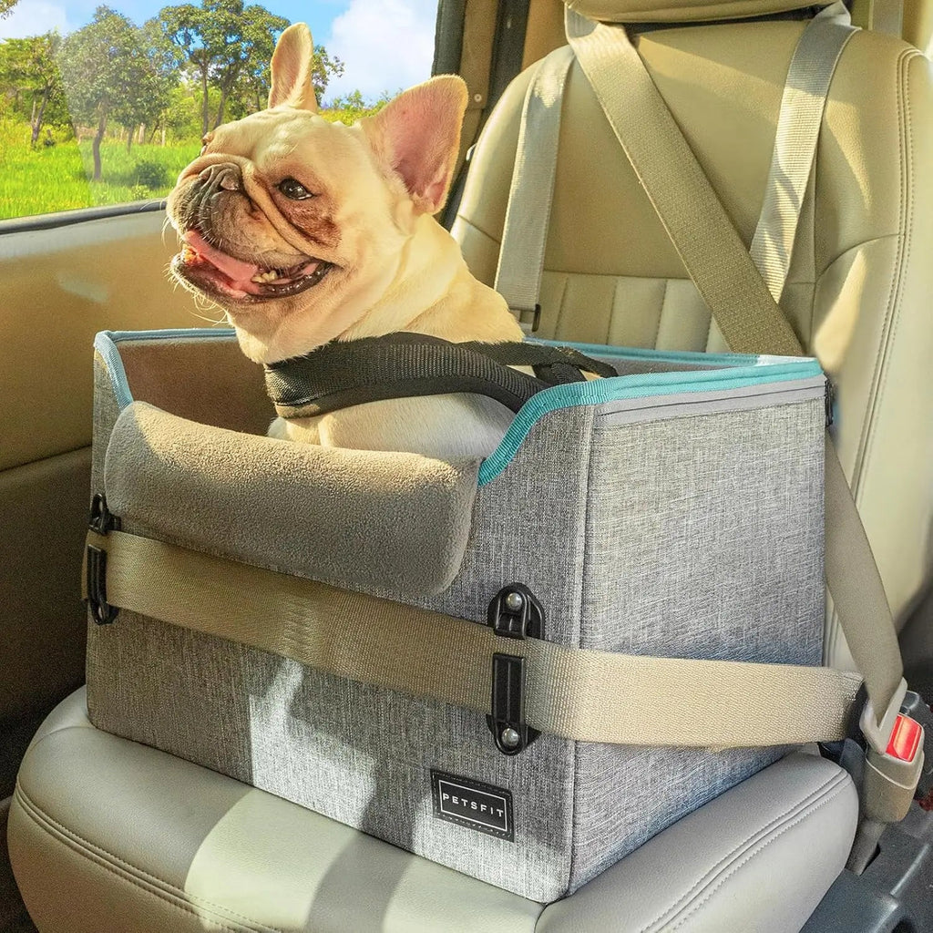 Gray fabric dog car seat booster with safety buckle straps and tether support