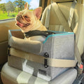 Gray fabric dog car seat booster with safety buckle straps and tether support