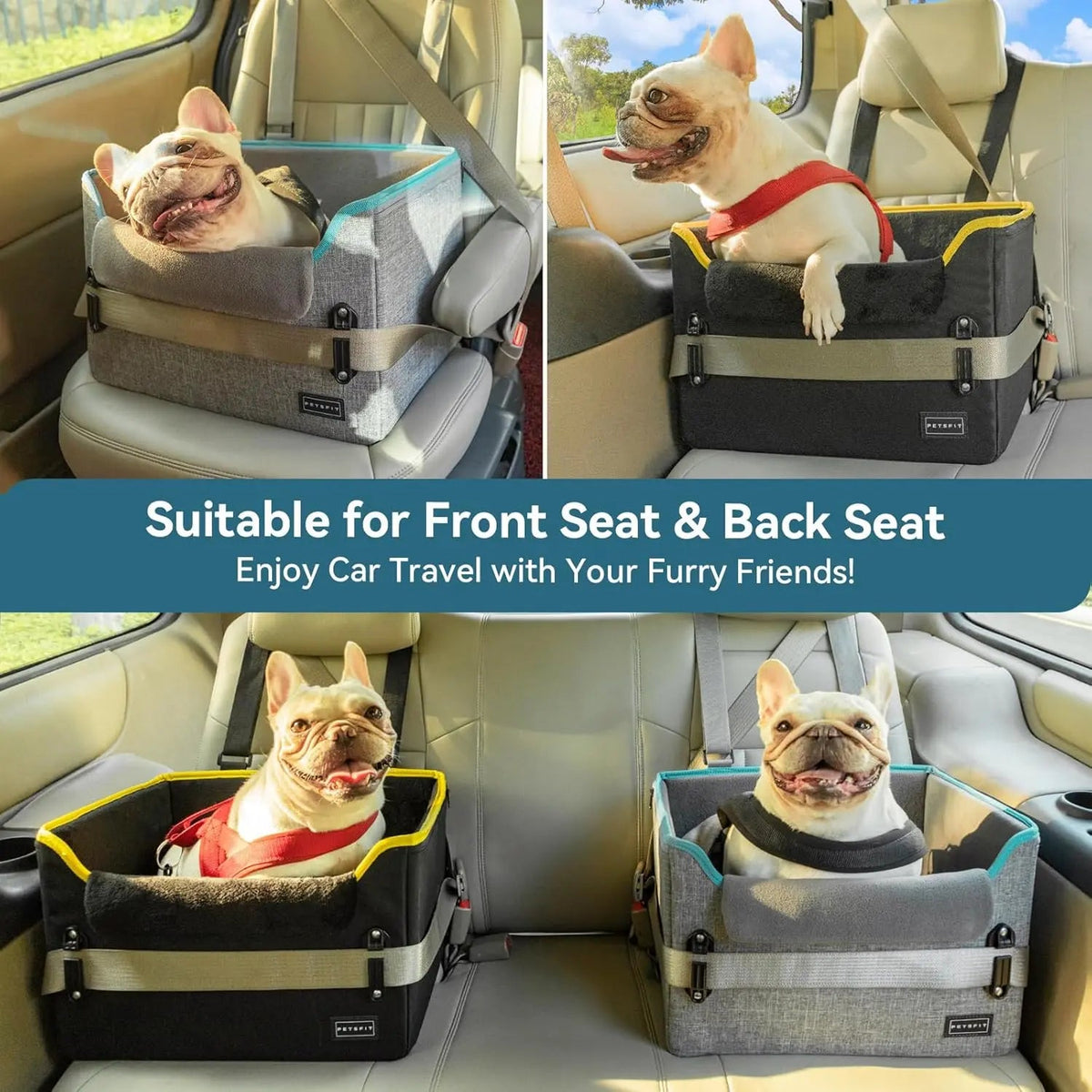 Gray dog car booster seat with tether strap, safety buckles, and side panels