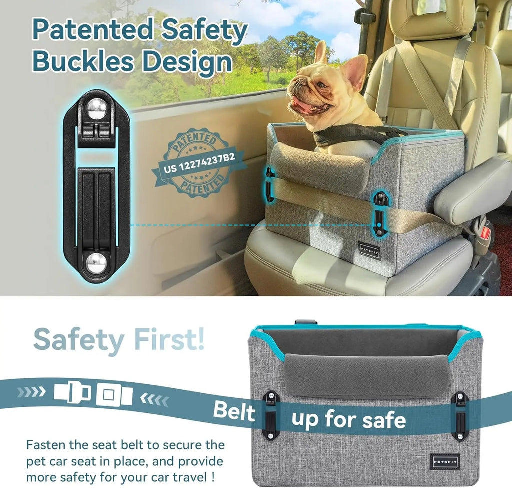 Gray pet booster car seat showing safety buckle system and tether connection