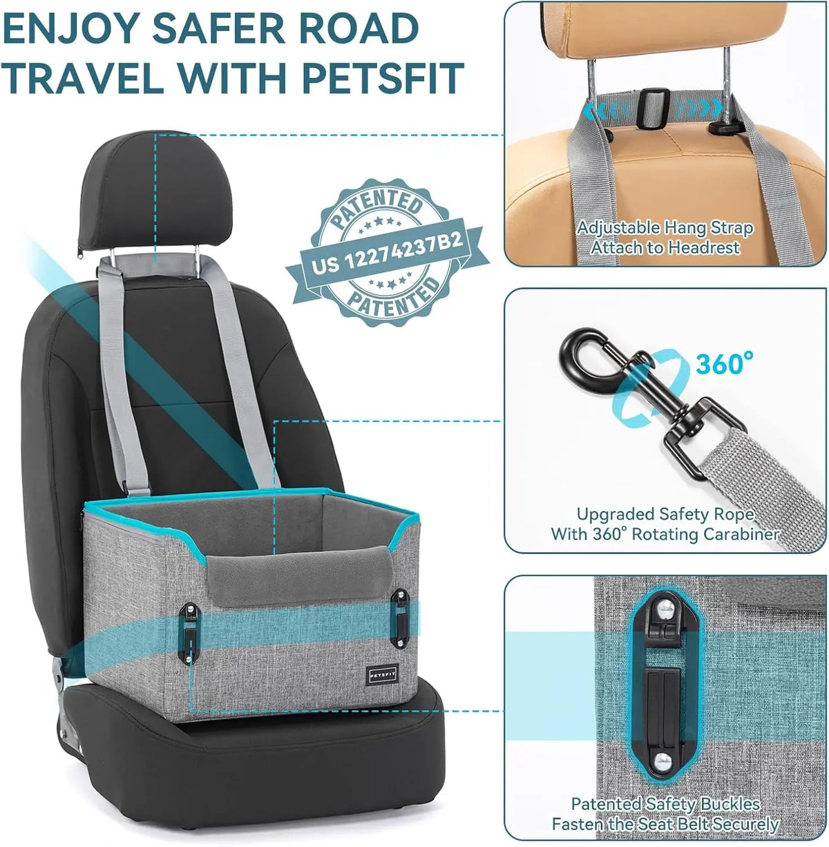 Gray and black dog car seat booster with adjustable headrest hang strap and buckles