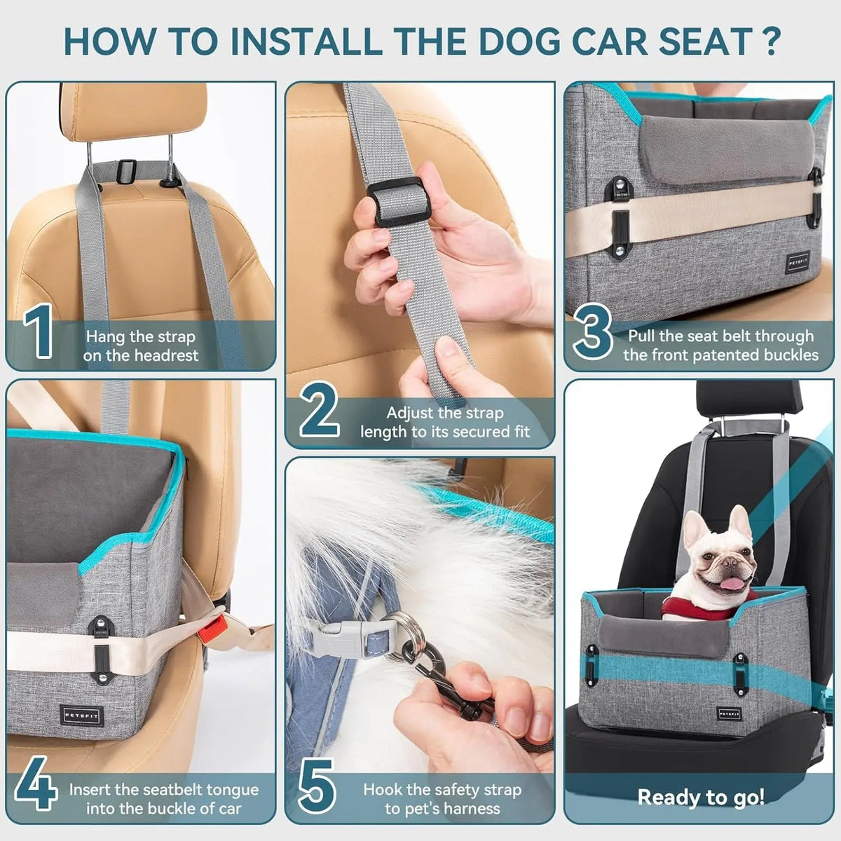 Gray dog car seat booster setup steps with safety belt and tether strap routing