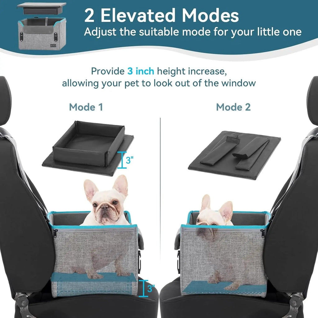 Gray dog car booster seat showing two elevated modes for window viewing