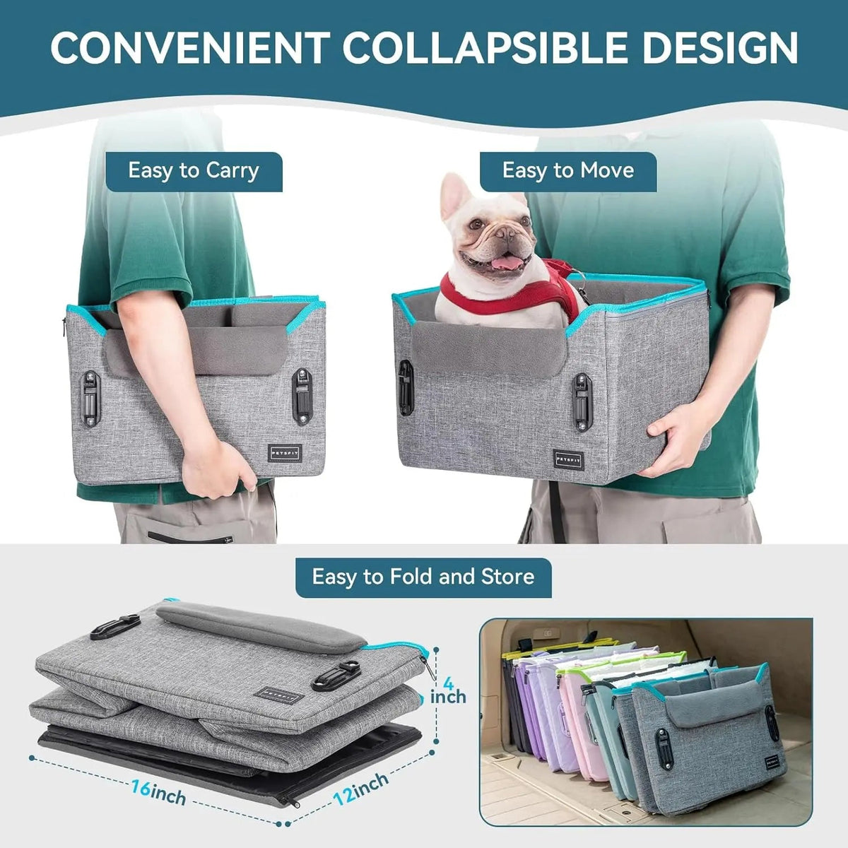Gray collapsible dog car seat booster with carry handles and fold-flat design