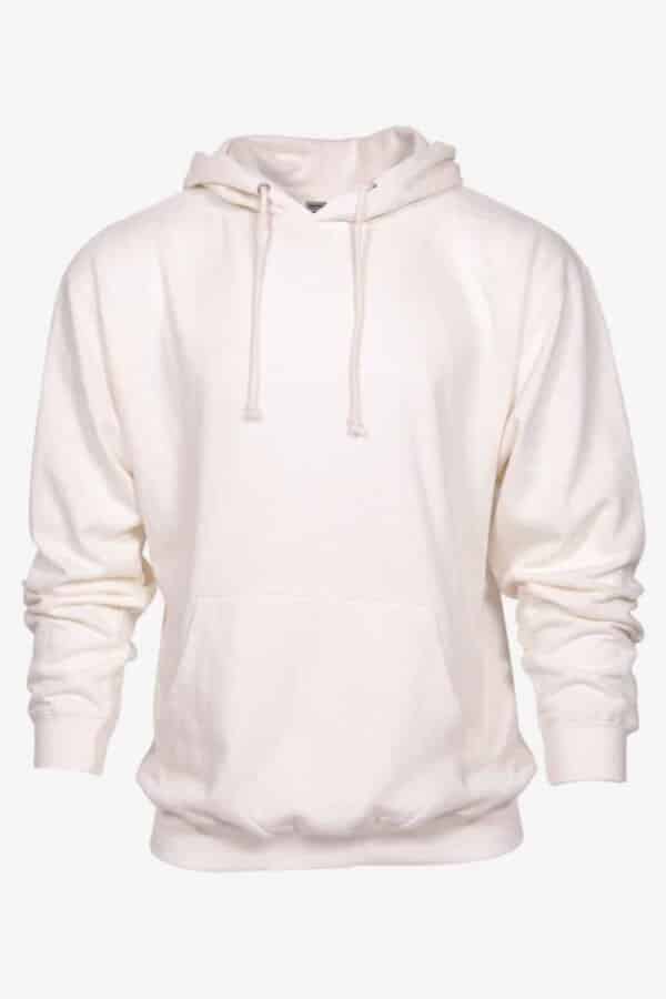 Midweight pullover hoodie in light pink with drawstring hood and front kangaroo pocket.
