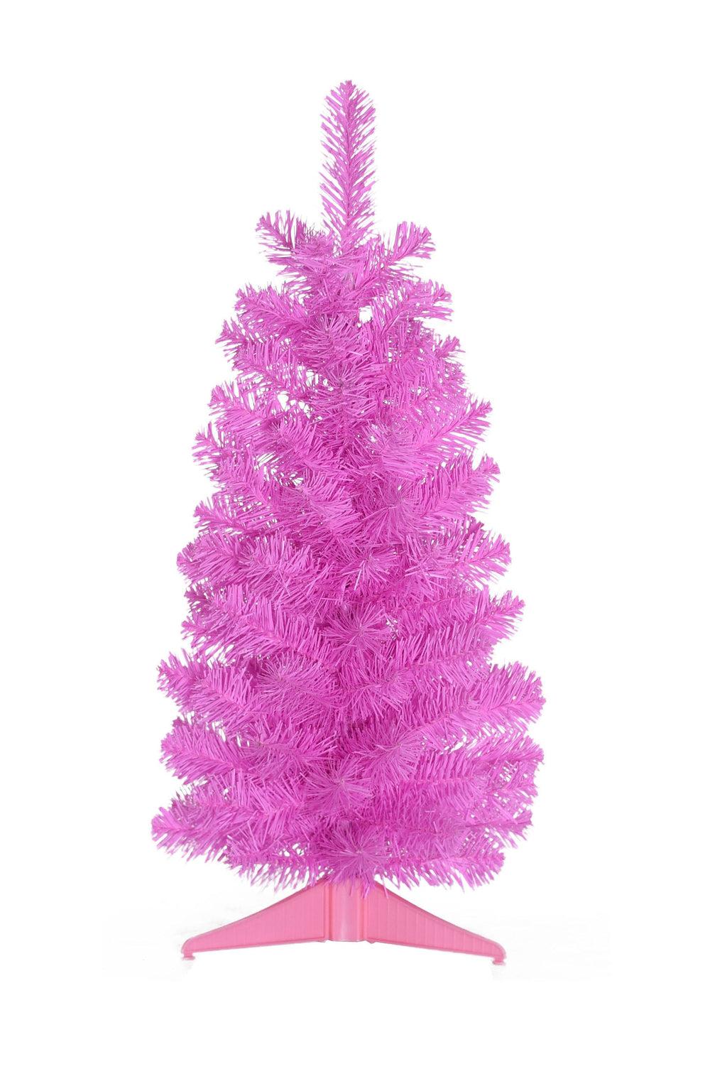 Pink tabletop Christmas tree with pointed top and pink plastic stand