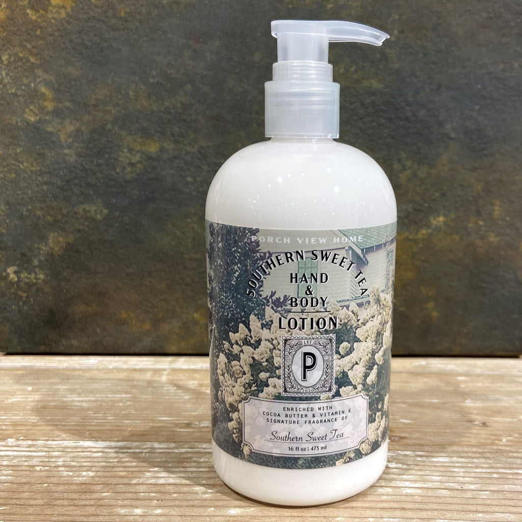 Southern Sweet Tea hand & body lotion pump bottle with front label and white base.