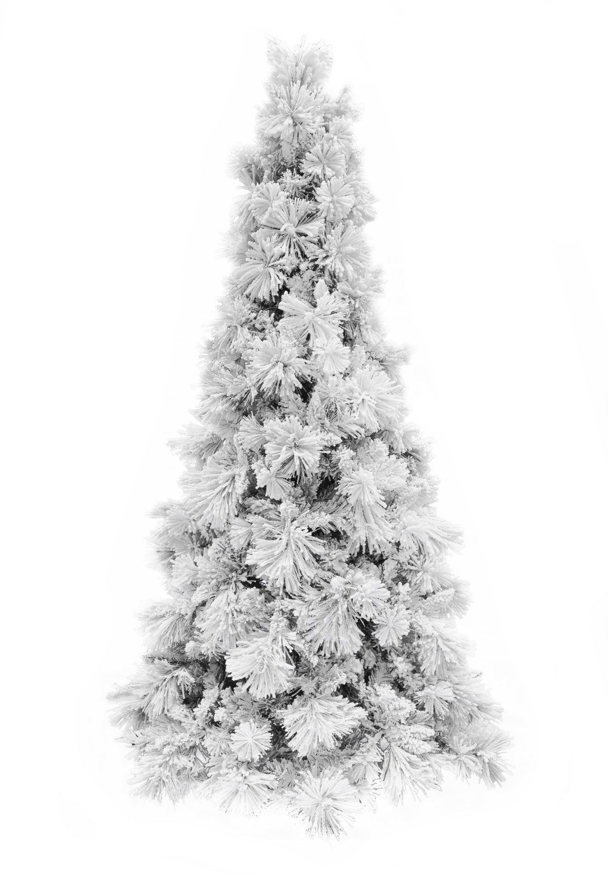 Snow-flocked slim artificial Christmas tree, full view