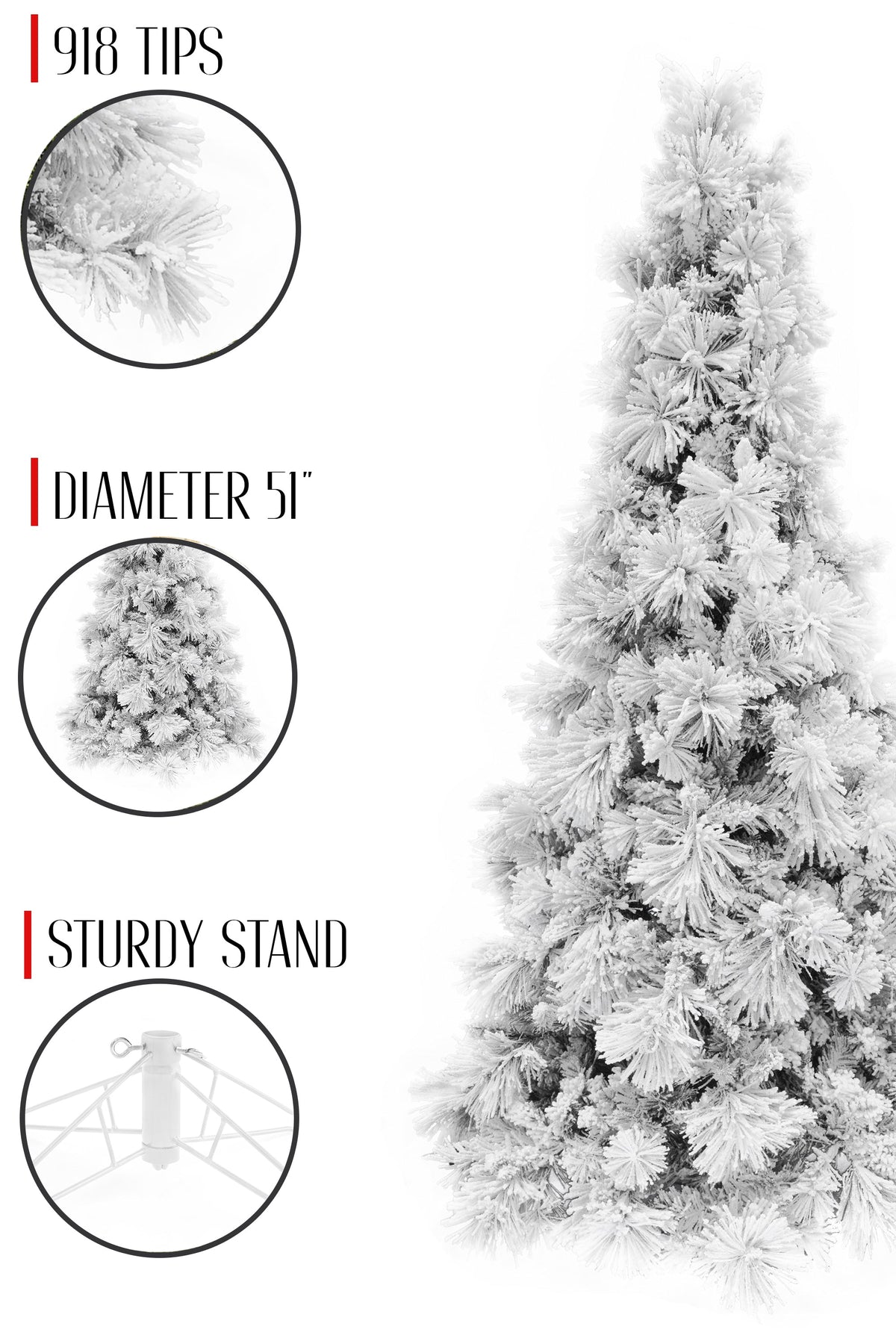 Snow-flocked slim Christmas tree with stand and diameter details