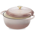 Pink-beige enamel cast-iron Dutch oven with matching lid and gold knob
