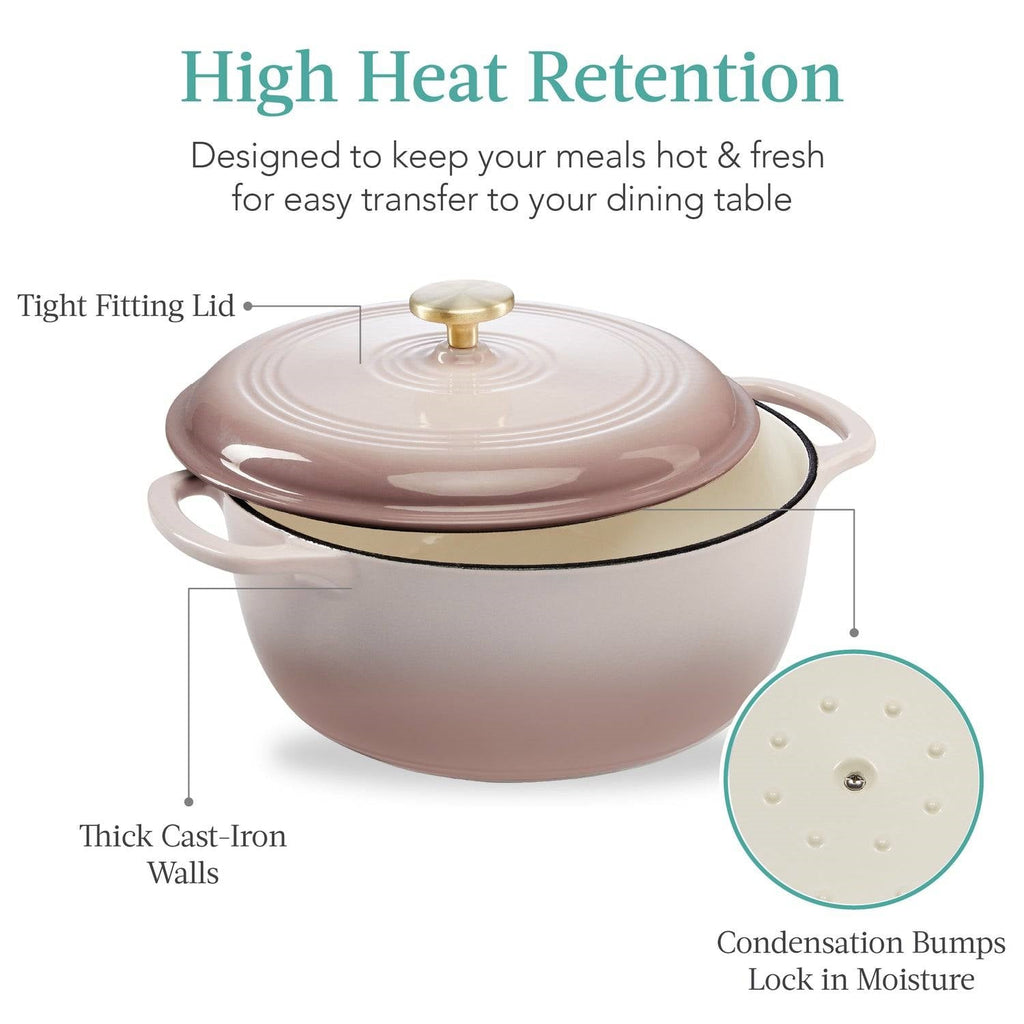 Pink-beige enamel Dutch oven with tight lid, gold knob, and condensation bumps