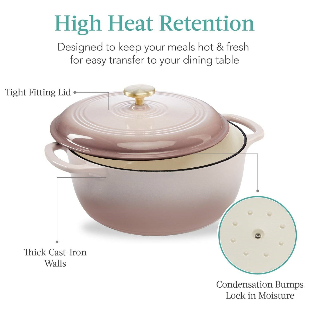 Pink-beige enamel Dutch oven with tight lid, gold knob, and condensation bumps