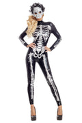 Black skeleton print catsuit with skull headpiece, formfitting long sleeves and legs