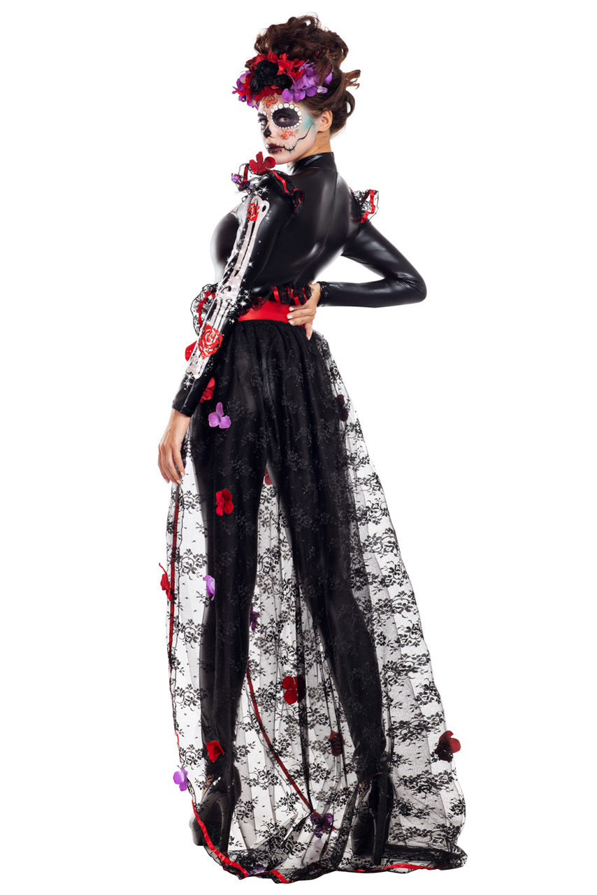 Black skeleton costume dress, long sleeves, red ribbon bow, full gathered skirt