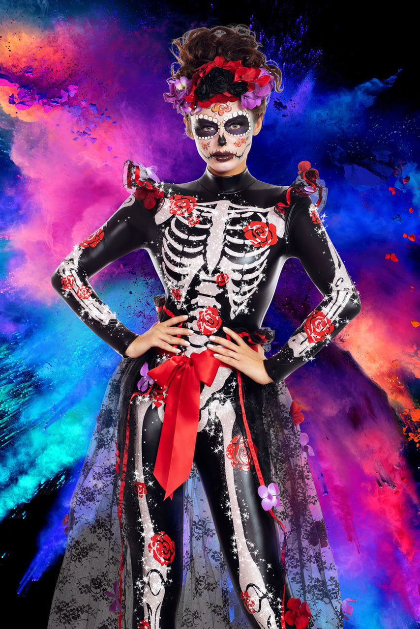 Black skeleton costume dress with red rose motifs, bow waist, and layered skirt