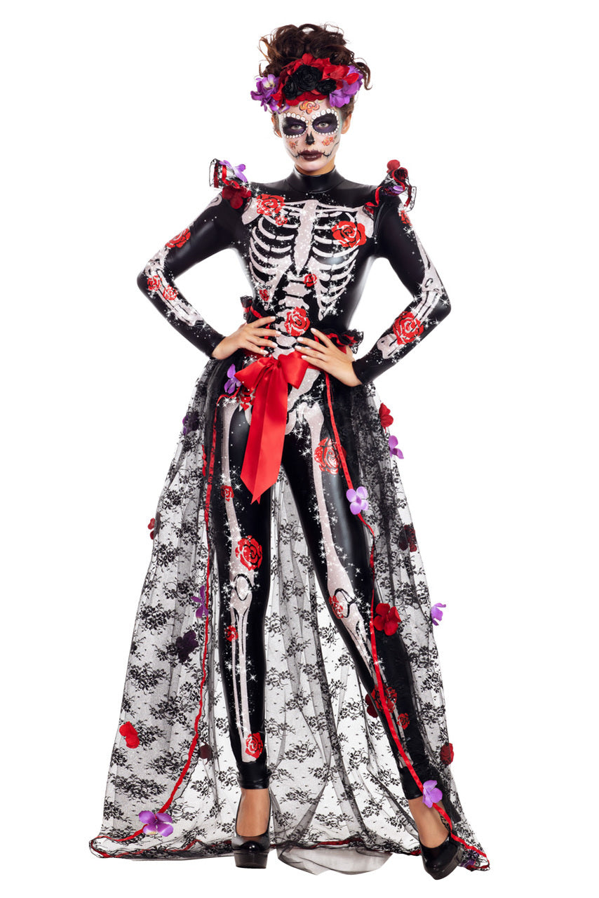 Black skeleton-style Halloween costume dress with long sleeves, red bows and skirt accents
