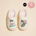 Kids plush home slippers, white with pink trim, unicorn and rainbow front