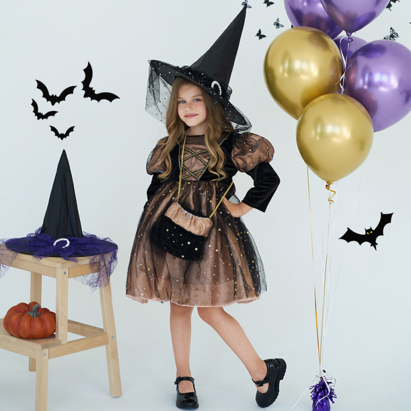 Girls' green glitter witch dress costume with black pointy hat and tulle skirt